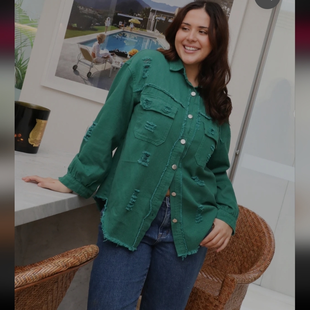 Jeans Green Frayed Shirt Shacket S Layering Distressed Boho Festive Holidays EUC